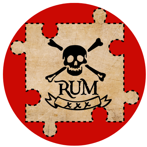 Illustration of a puzzle piece with skull and crossbones and "rum"