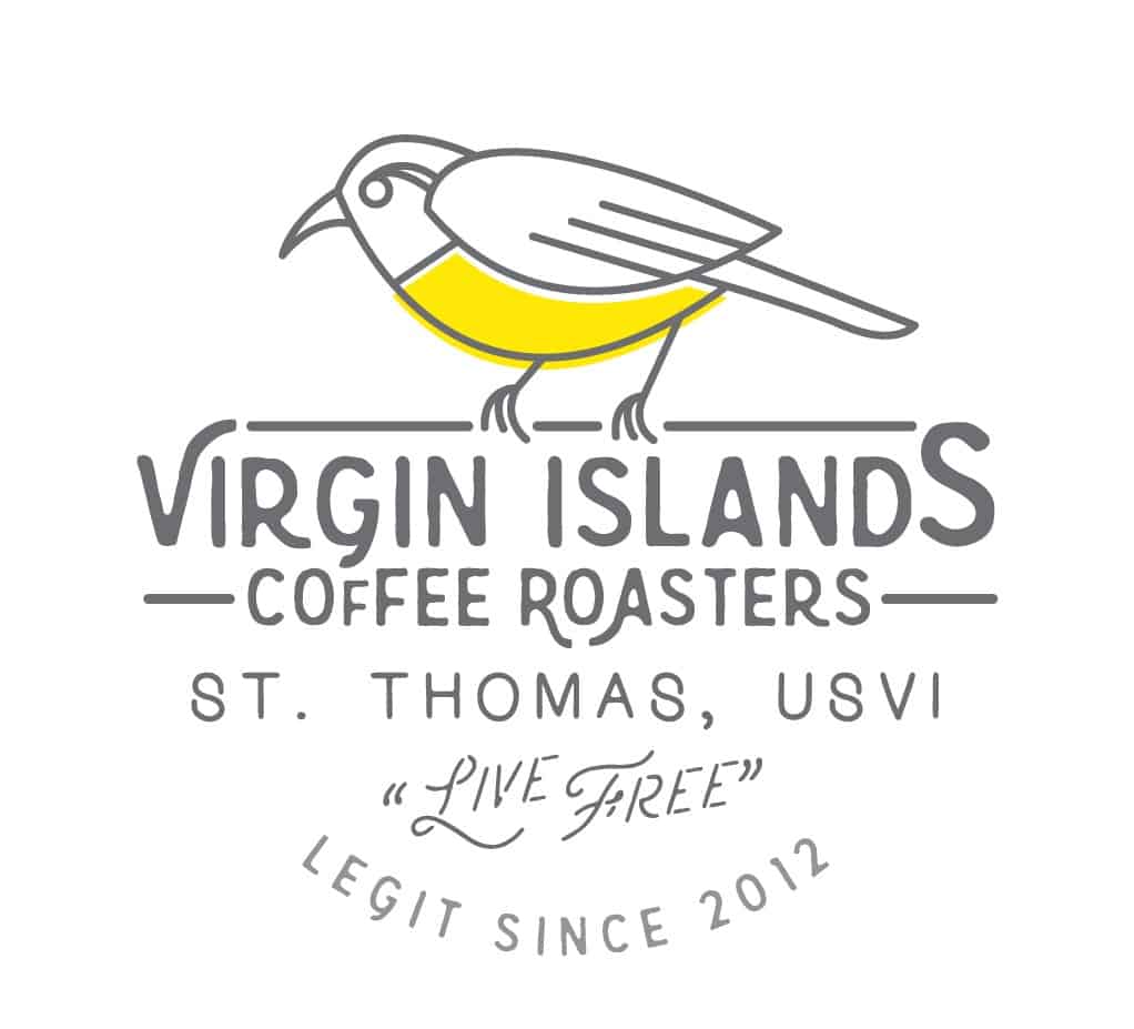 Virgin Islands Coffee Roasters logo featuring a bird with a yellow belly and the phrases "Live Free" and "Legit Since 2012"
