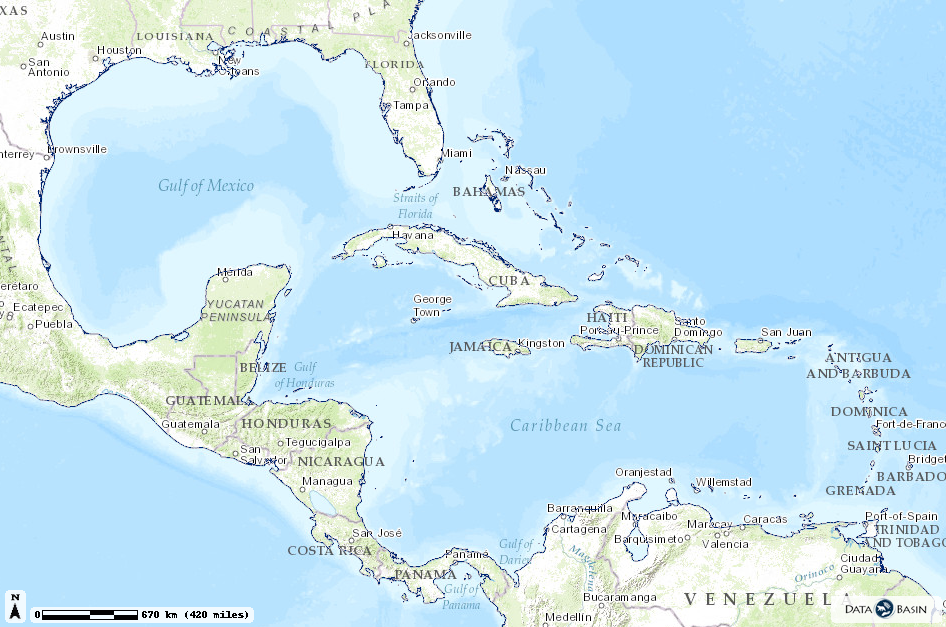 An illustrated map of the Gulf of Mexico and the Caribbean Sea and Islands. Florida, the Gulf Coast, the Yucatan Peninsula, Central America, and the northern coast of South America are included.